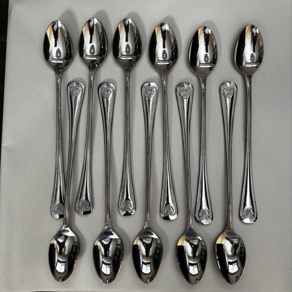 Towle Iced Tea Spoons Abbey Shell Stainless Steel Japan Set of 12 Silver 7 3/4"